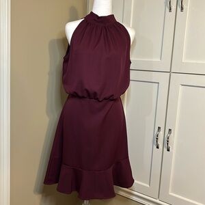 2HEARTS Burgundy Halter Tie Neck Dress with peplum hem. Size M. Never been worn